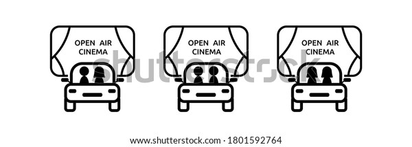 Set of logos for street cinema for\
cars, with a man and a woman, with gays, with lesbians. Homosexual\
couples spend romantic time in the car and watch a\
movie