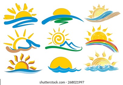 Set of logos with the sun and the sea.