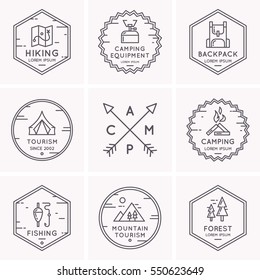 Set of logos and symbols for camping and hiking. Vector illustration.