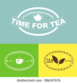 A set of logos for tea shops, cafes on a green and yellow background with leaves and a cup . Vector illustration.