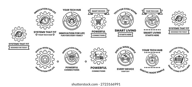 Um conjunto de logotipos para um hub técnico. Os logotipos são todos diferentes, mas têm um tema semelhante