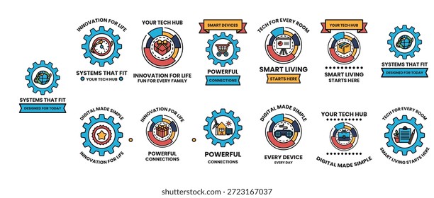 Un conjunto de logotipos para un centro tecnológico. Los logotipos son todos diferentes y cuentan con varios símbolos y diseños