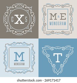 Set of logos templates in mono line style.
Mono line monograms. Logos templates with letters. Vector illustration.