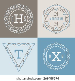 Set of logos templates in mono line style.
Mono line monograms. Logos templates with letters. Vector illustration