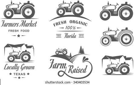 Set of logos with the tractor for the family farm. Fresh natural foods