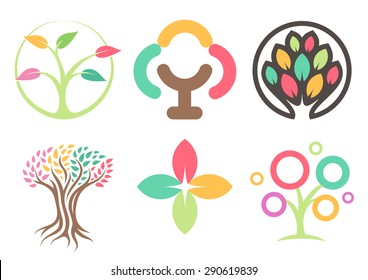 Set of logos of the trees. Abstract leaves icons. Eco park logotype collection. Colorful leaves design element.