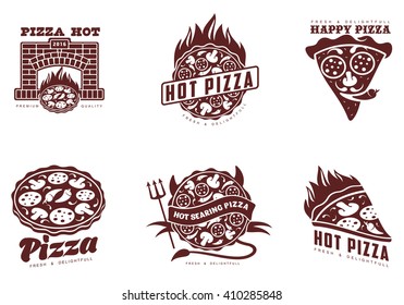 Set of logos with a variety of pizza. Concept of hot, fresh pepperoni pizzas, a set of labels