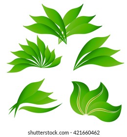 set of logos of various shapes of green leaves on a white background, leaves, logo, ecology, eco-friendly