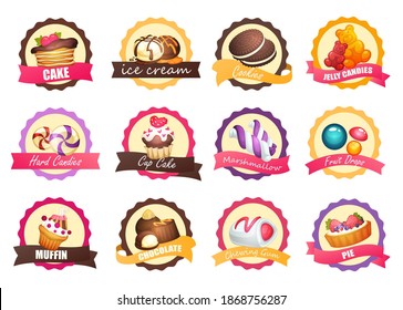 Set of logos with various sweets, vector illustration. Pastry with raspberries, ice cream, chocolate, jelly bear. Hard candy, colored marshmallows, fruit drops, berry muffin, chewing gum, pie