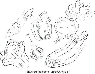 Conjunto de logotipos de varias verduras, a saber, ajo, remolacha, zanahoria, pimienta y lechuga logotipos dibujados con varias líneas, Vector