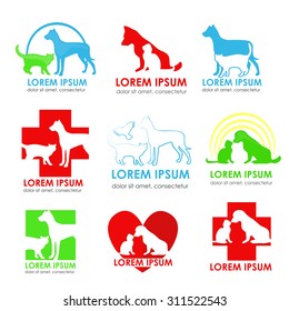 a set of logos for veterinary clinic.logos for a pet shop. silhouettes of the dogs, silhouettes of the cats,  silhouettes of the birds on a white background. logos for veterinary services