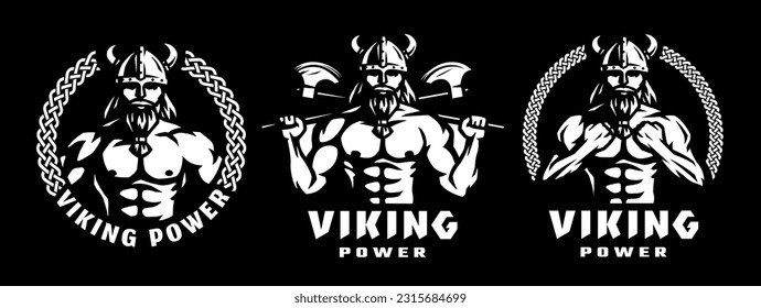 Set of logos with viking warrior on a dark background.