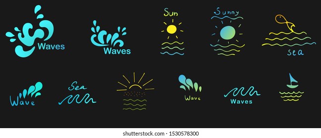 set of logos with waves and drops, sun, sea