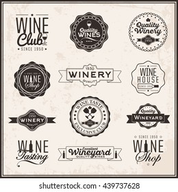 Set of logos for its wine business. Shop, wine cellar, quality label, wine tasting, wine list or event. Vintage style. Vector
