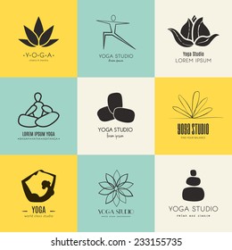 Set of logos for yoga studio or meditation class. Healthcare, sport, fitness, spa logo design elements. Anusara, ashtanga, bikram, hatha, hot yoga, vinyasa symbols. 