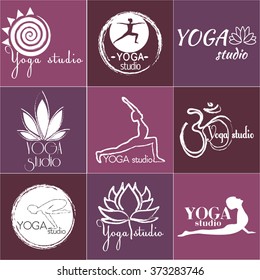 set of logos for yoga studio or meditation class. Modern fitness badges collection made in vector. Healthcare, sport, fitness, spa logo design elements.Vector yoga illustration.
