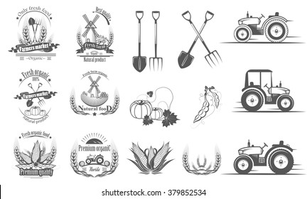 A set of logos,labels, stamps, badges for organic food. Vector illustration of Healthy eco bio food. Collection of symbols for farm, ranch, shop, market.