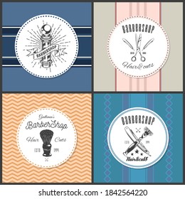 Set of logotype for barbershop in vintage style. Barber shop logo flat vector design emblem with barber objects sign and lettering. Hairdressing salon signboard. Style haircut banner poster