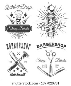 Set of logotype for barbershop in vintage style. Barber shop logo flat vector design emblem with barber objects sign and lettering. Hairdressing salon signboard. Style haircut banner poster