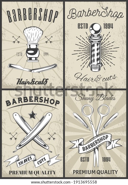 Set of logotype for barbershop in vintage style.\
Barber shop logo flat vector design emblem with barber objects sign\
and lettering. Hairdressing salon signboard. Style haircut banner\
poster