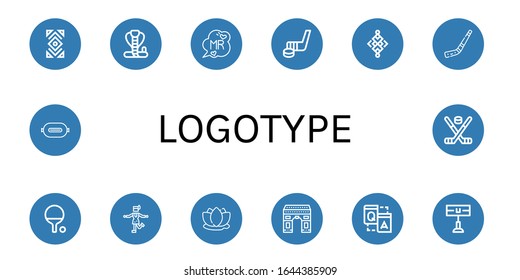 Set of logotype icons. Such as Abstract, Cobra, Mr, Hockey stick, Ping pong, Charleston, Lotus, Arch, Q a, Home team, P t , logotype icons