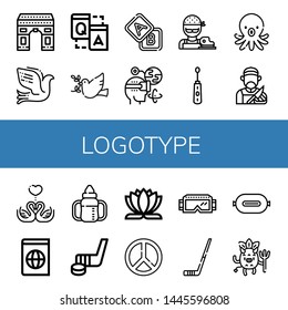 Set of logotype icons such as Arch, Dove, Q a, Blocks, Augmented reality, Butcher, Electric toothbrush, Octopus, Swans, Atlas, Sippy cup, Hockey stick, Lotus flower , logotype