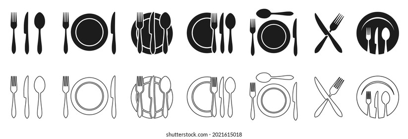 Logo-Menü, Besteck-Symbol, Geschenkidee, Teller-, Gabel- und Messersymbole in verschiedenen Variationen einstellen - Vektorgrafik