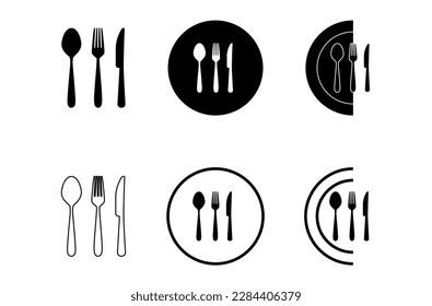 Conjunto de menú Logotipo. Silhouette de cubiertos, tenedor, cuchillo, cuchara en el plato de forma plana. Ilustración del vector