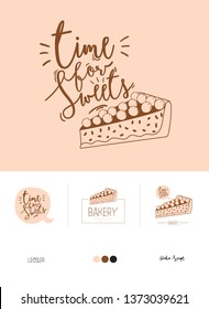 Set logotype for restaurant and cafe menu design. Vector logo template. Food icon, sweets, drinks, fast food with trendy lettering. Scandinavian illustration in simple black and white line style.