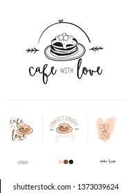 Set logotype for restaurant and cafe menu design. Vector logo template. Food icon, sweets, drinks, fast food with trendy lettering. Scandinavian illustration in simple black and white line style.