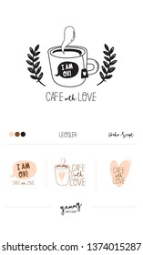 Set logotype for restaurant and cafe menu design. Vector logo template. Food icon, sweets, drinks, fast food with trendy lettering. Scandinavian illustration in simple black and white line style.