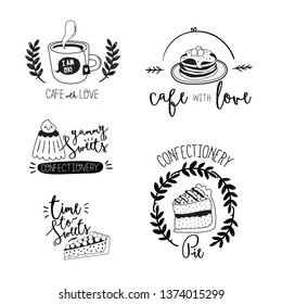 Set logotype for restaurant and cafe menu design. Vector logo template. Food icon, sweets, drinks, fast food with trendy lettering. Scandinavian illustration in simple black and white line style.