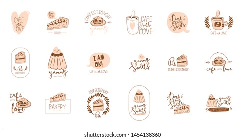 Set logotype for restaurant and cafe menu design. Vector logo template. Food icon - sweets, drinks, fast food with trendy lettering. Scandinavian illustration in simple line style.