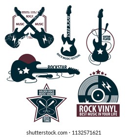Set of logotype for rock music, festival and music vinyl, vector flat illustration isolated on white background