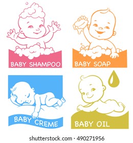 Set of logotypes  for baby care products. Cute little baby in bath, baby lying on stomach, sleeping baby, smiling baby. Vector illustration.