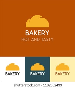 Set of Logotypes for Bakery on different backgrounds. Emblem with Bun isolated on orange, white and dark background. Vector insignia illustration with title and slogan template.
