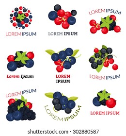 Set of logotypes with berry and template text. Blueberry, blackberry, black and red currant.