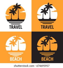 Conjunto de lotipos con la costa, mar y palmeras. Imagen plana vectorial.