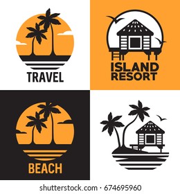 Set of logotypes with the coast, sea and palms. Flat vector image.