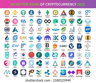 Set of logotypes of cryptocurrency and platforms: bitcoin, binance, tether, litecoin, ethereum, dogecoin, zcash, cardano, omiseGo, stratis, vertcoin, nem, neo, tenX, dash, waves, steem, bytecoin etc svg
