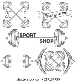 Set of logotypes and elements with barbell and dumbbell