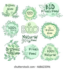Set of logotypes elements hand-drawn bio, organic, natural food for your design. Vector illustration
