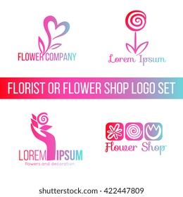 Set of logotypes for florist, flower shop, store. Unique element for business identity. 100% vector, editable. Gardening signs, symbols. Logo design for garden company, bouquet salon, banner, badge.