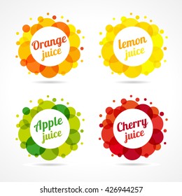 Set of logotypes. Food and beverage business. Isolated emblems, buttons or banners. Round bright coloured framed graphic template. Citrus, berry healthy natural product. Green, yellow, red collection.