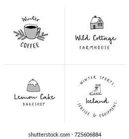 Set of logotypes with hand drawn icons. Winter design. Branding concept. Isolated vector illustrations.