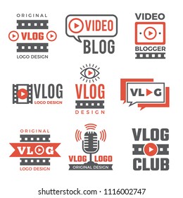 Set of logotypes for video bloggers. Vlog emblem and vlogging video. Vector illustration