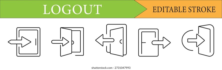 Set of Logout and Exit Line Icons with Editable Stroke for UI UX Design.
