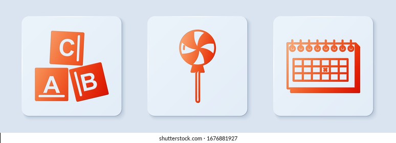 Set Lollipop, ABC blocks and Calendar. White square button. Vector