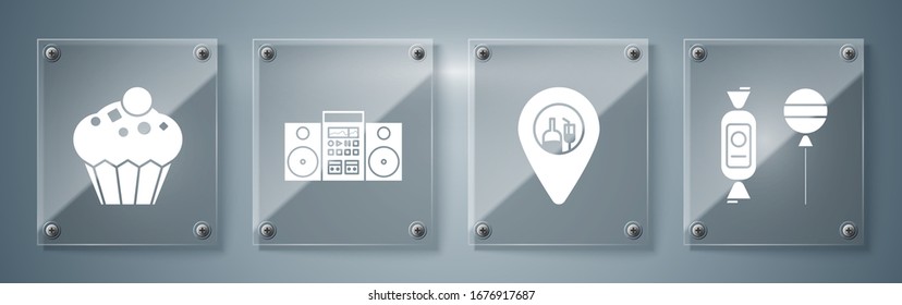 Set Lollipop , Alcohol or beer bar location , Home stereo with two speakers  and Muffin . Square glass panels. Vector