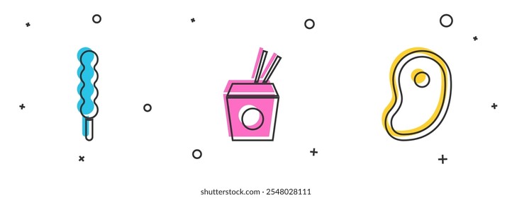 Set Lollipop, Asian noodles and chopsticks and Steak meat icon. Vector